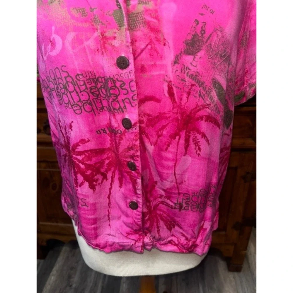 Caribbean Joe Pink Tropical Palm Tree Print Button Front Shirt Petite Womens M - Picture 5 of 7